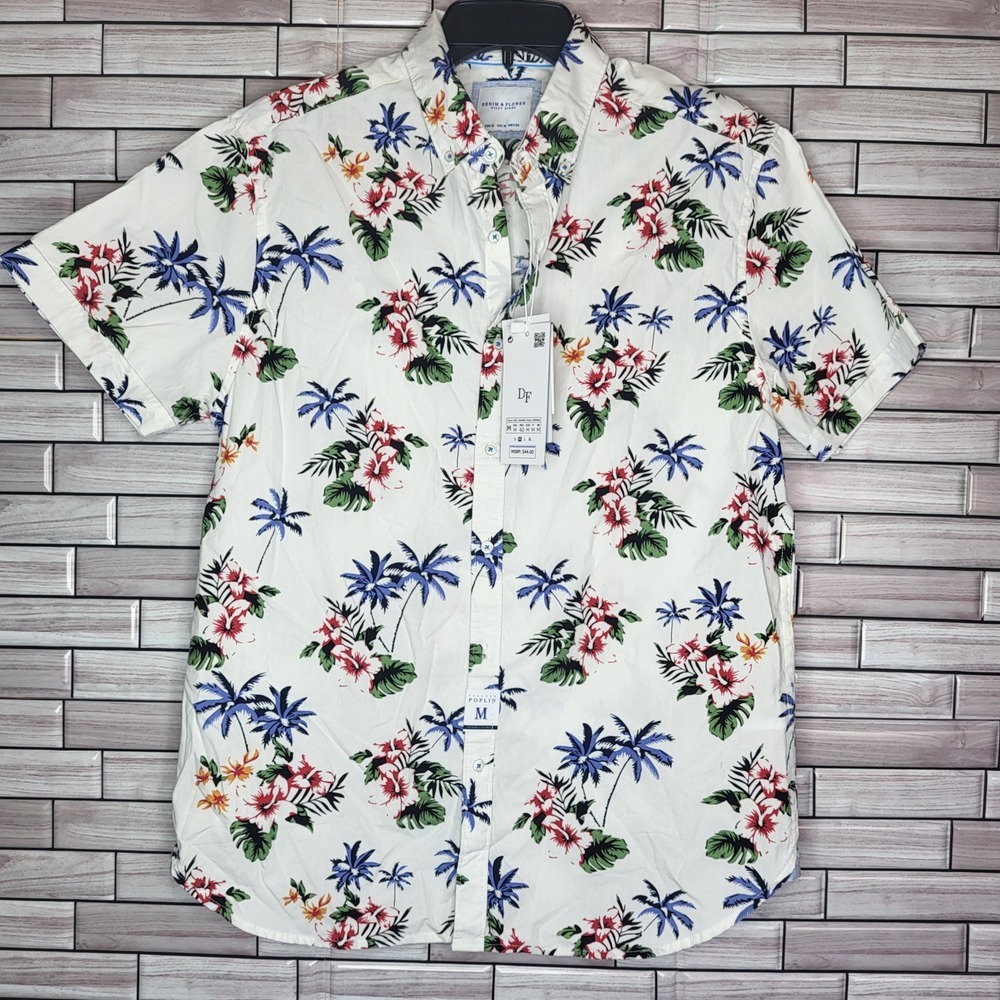 New Denim & Flower Men's Medium Floral White Shirt Short Sleeve‎ Vacation